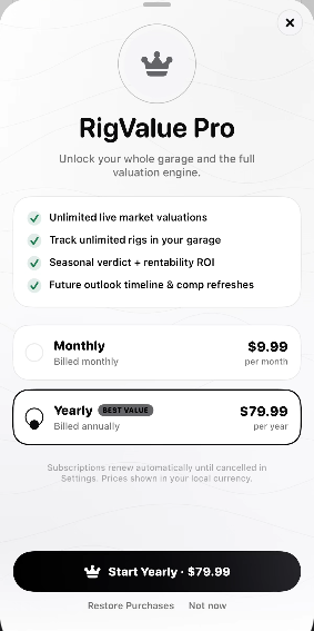 RigValue Pro subscription screen showing monthly and yearly pricing
